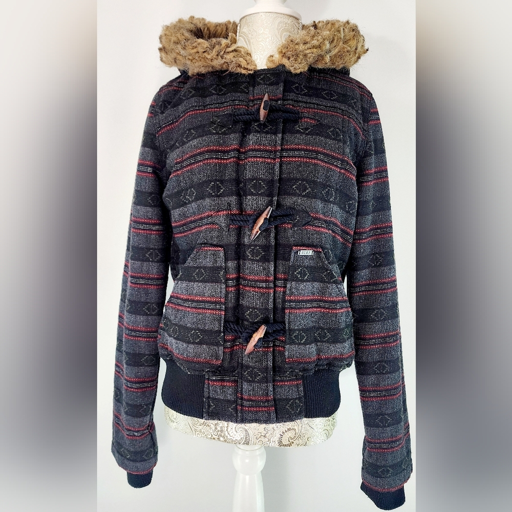 Roxy faux fur sweater style hooded surf duffle jacket/ coat